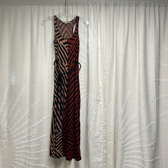 Loft size XSP Tan/Red/Black Stripe Halter Maxi Dress with rope tie waist - Picture 1 of 2